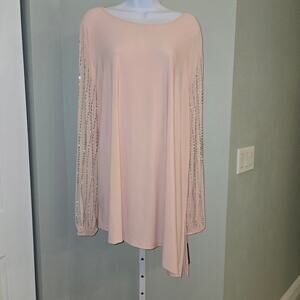 Marina Boat Neck Embellished Chiffon Long Sleeve Asymmetrical Hem Pink